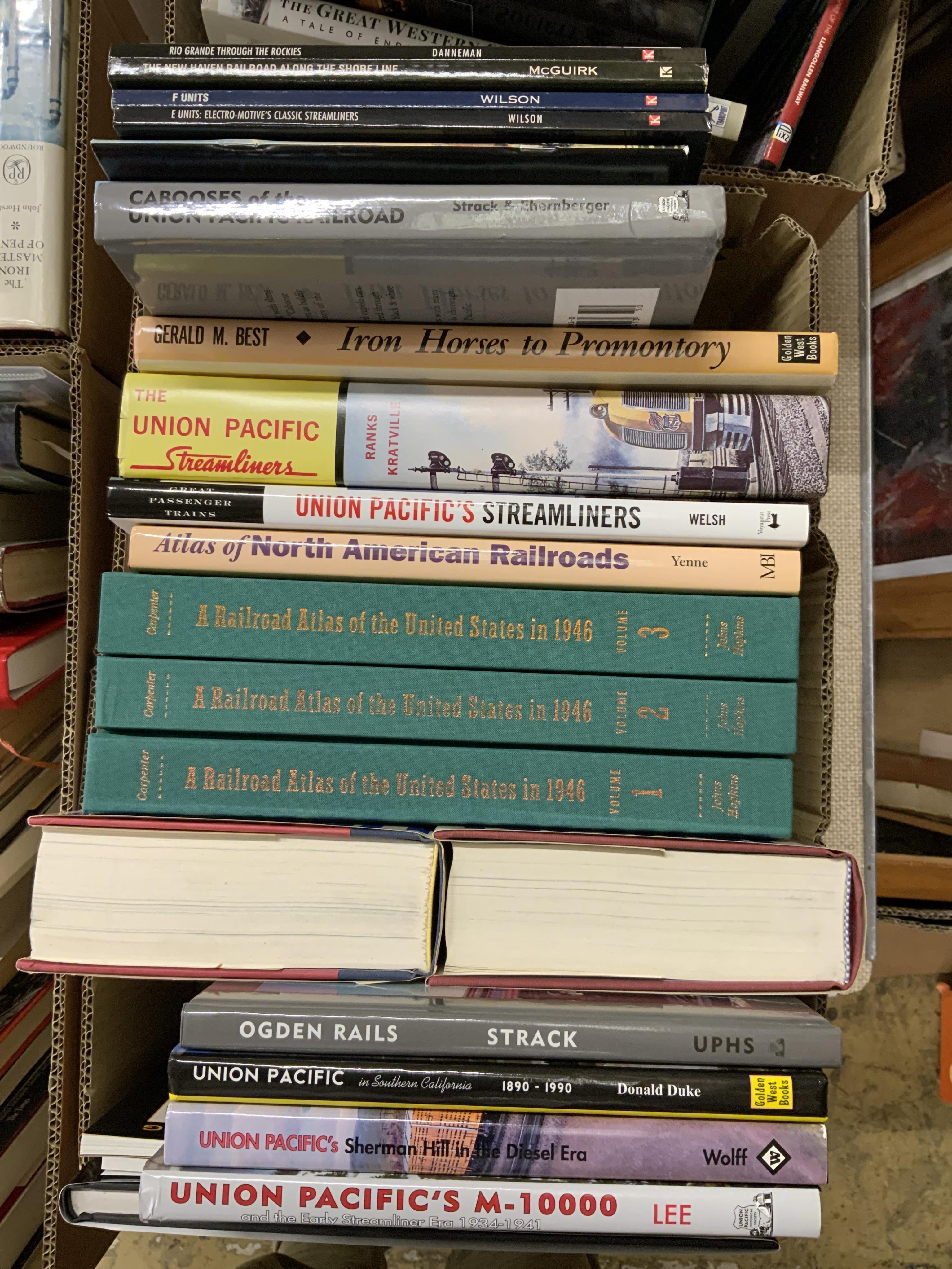 Eight boxes of railway related books, etc. subjects include; Indian railways, United States railways, Great Western Railway, steam trams, Union Pacific Railway, etc. publishers include; Middleton Press, Ian Allan, David